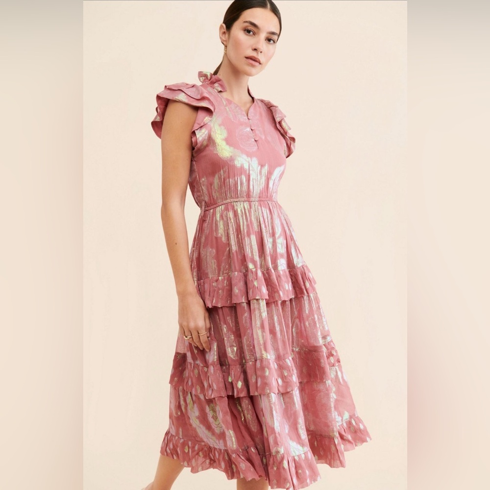 Anthropologie Ollari Orchid Metallic tiered floral Pink Ruffled Dress